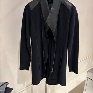 Eileen Fisher Black Leather Panel Wool Zip Up